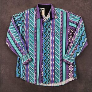Miller Stockman Western Shirt Mens XL 17 35 Purple Teal Aztec Print Pearl Snap